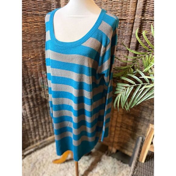 Extra Touch Teal Green/Blue Gray Striped Scoop Neck Long Sleeve Sweater/Dress 2X - Picture 2 of 8